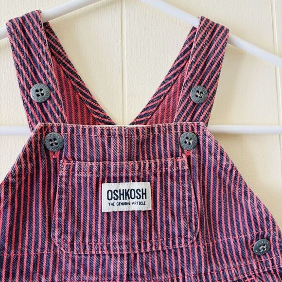Vtg Oshkosh B'Gosh Kids Denim Bib Overalls Pink Hickory Pin Striped 0-3 Month - Picture 2 of 6